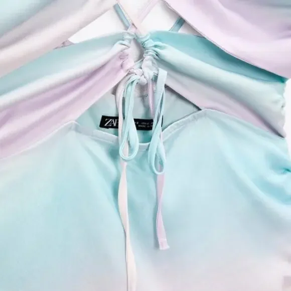 ZARA Tie Dye Satin Effect Mini Dress Drawstring & Cutouts Large - Picture 5 of 10